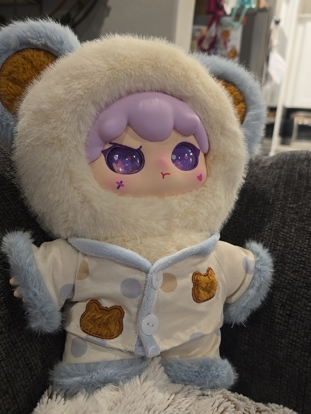 Purple-Haired Plush Doll in Cream & Light Blue Fuzzy Pj's Outfit